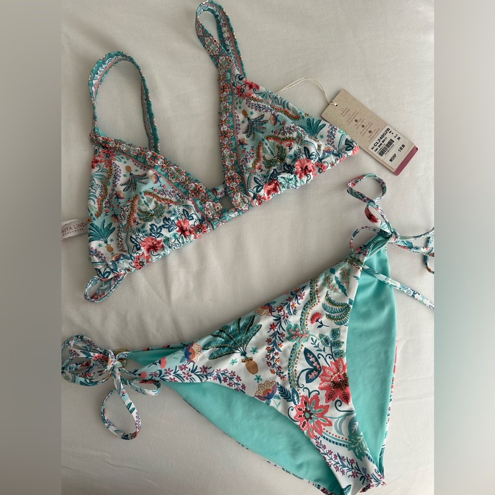 Cosita Linda embroidered bikini top and side tie bottom NWT
